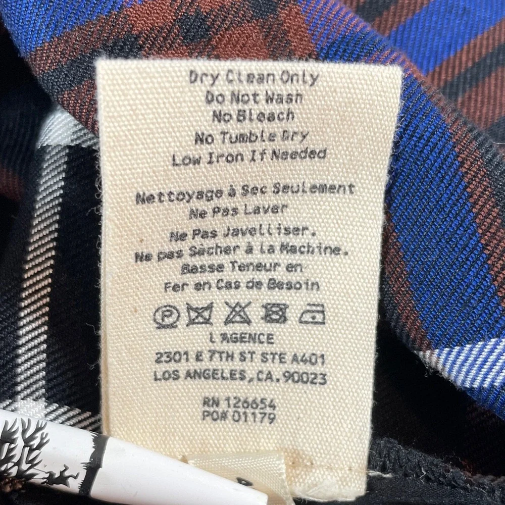 L’AGENCE Flannel Plaid Shirt Contrast Black Silk Back, Blue and Brown - Size XS